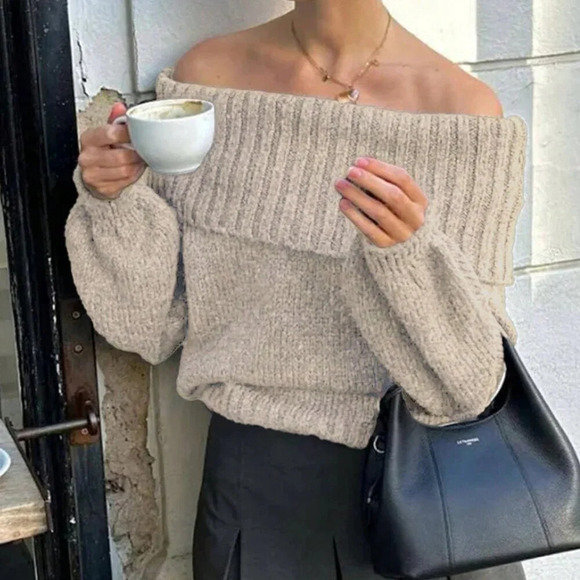 Apricot Casual Women's Solid Color Off-Shoulder Long Sleeve Sweater - Picture 1 of 3